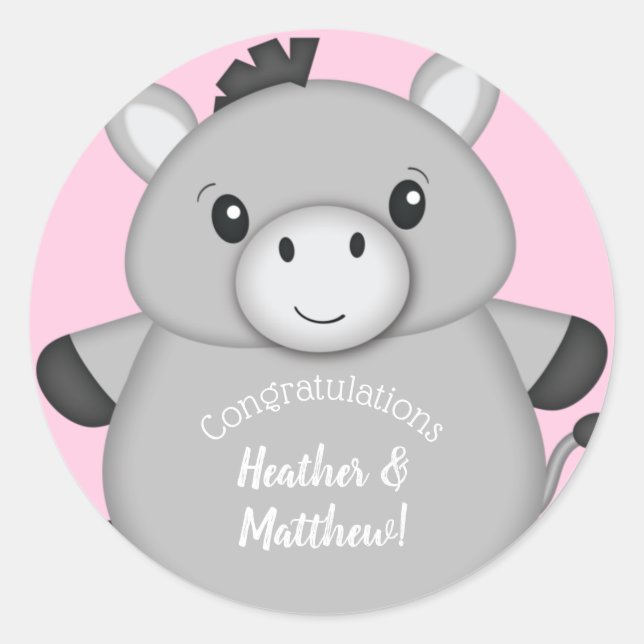 Donkey Baby Shower Pink Classic Round Sticker (Front)
