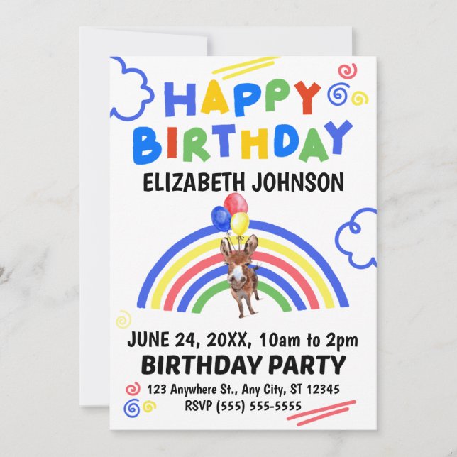 Donkey Birthday Invitation White (Front)