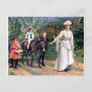 Donkey Children Mother Antique painting Postcard