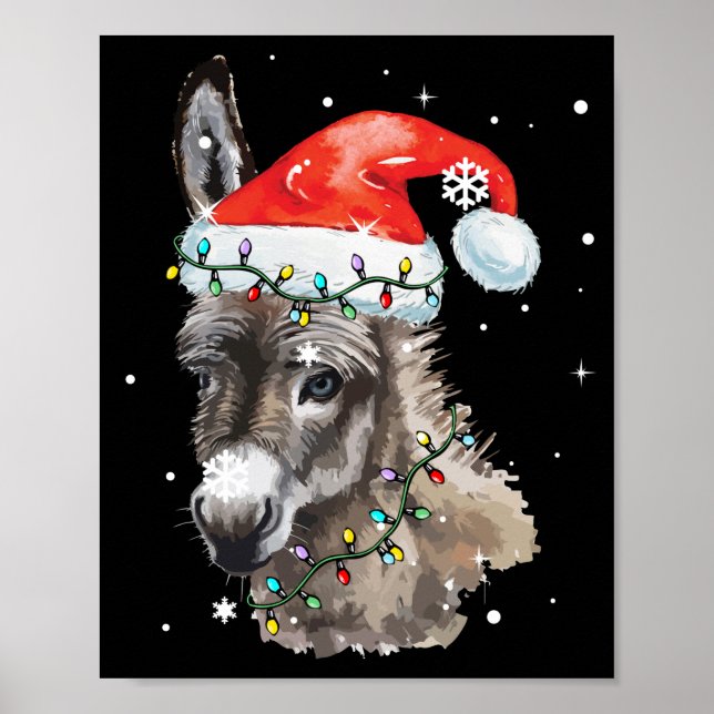 Donkey Christmas Colour Lights Santa Hat Donkey Poster (Front)