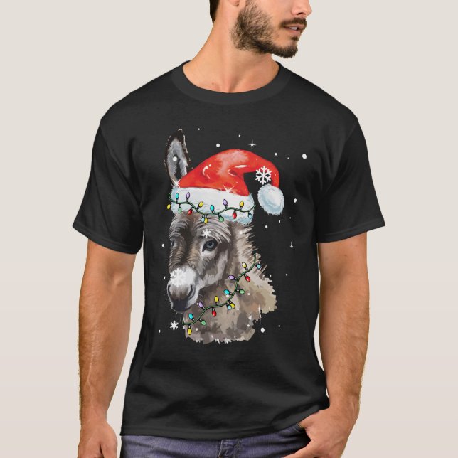 Donkey Christmas Colour Lights Santa Hat Donkey T-Shirt (Front)