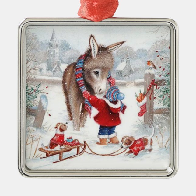 Donkey Christmas Cute Family  Metal Ornament (Front)