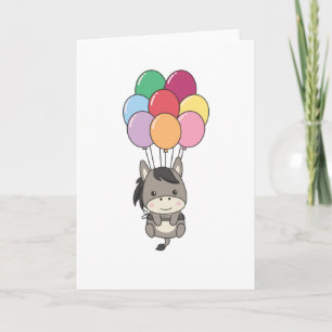 Donkey Flies Up With Colourful Balloons Card
