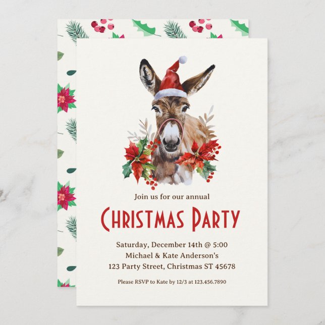 Donkey in Santa Hat Farm Animal Christmas Party  Invitation (Front/Back)
