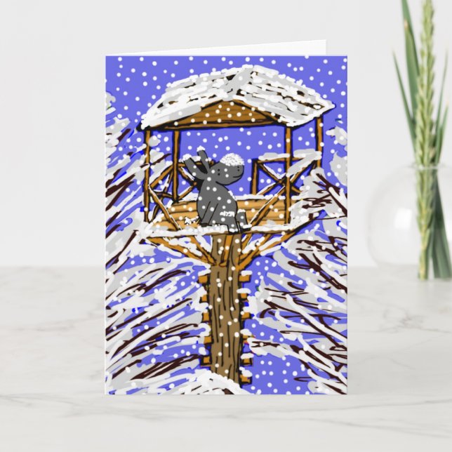 donkey in treehouse in snow holiday card (Front)