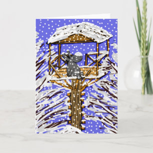 donkey in treehouse in snow holiday card