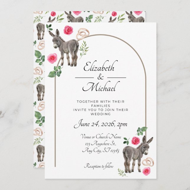 Donkey Pink Floral Wedding Invitation  (Front/Back)