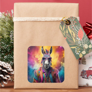 Donkey Pink Glasses, Rainbow Hair Square Sticker