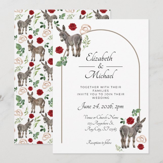 Donkey Red Floral Rustic Wedding Invitation (Front/Back)