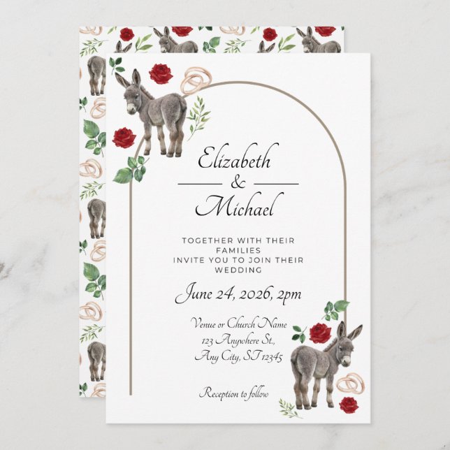 Donkey Red Floral Wedding Invitation  (Front/Back)