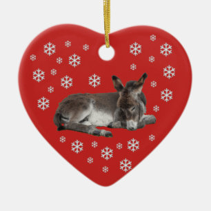 Donkey Snowflakes on Red Ceramic Ornament