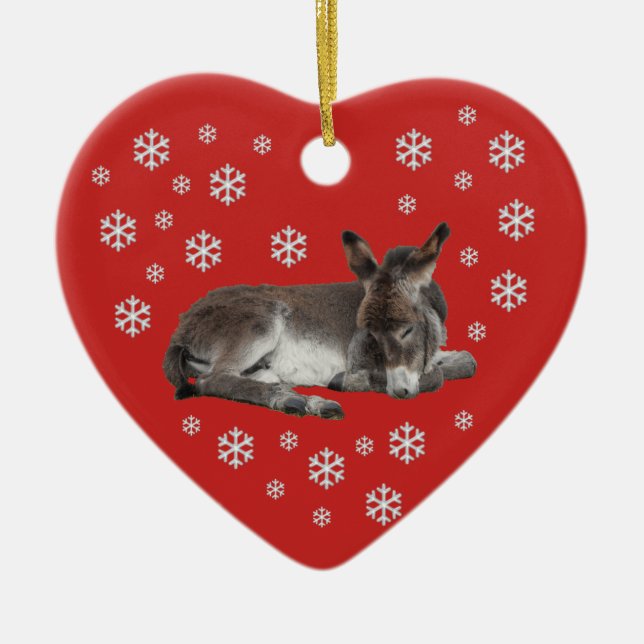 Donkey Snowflakes on Red Ceramic Ornament (Front)