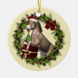 Donkey Wearing Santa Hat in Wreath Round Ornament