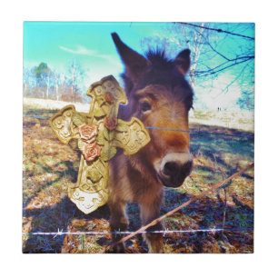 Donkey with Rose Cross Ceramic Tile