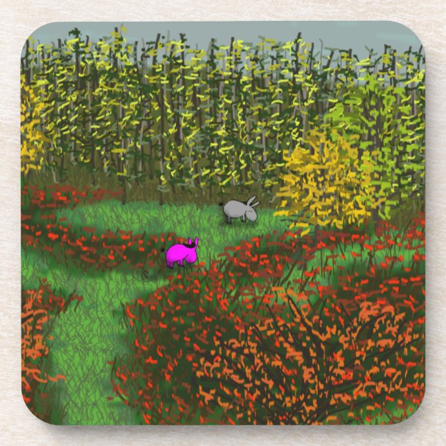 donkeys in field in autumn coaster (Front)