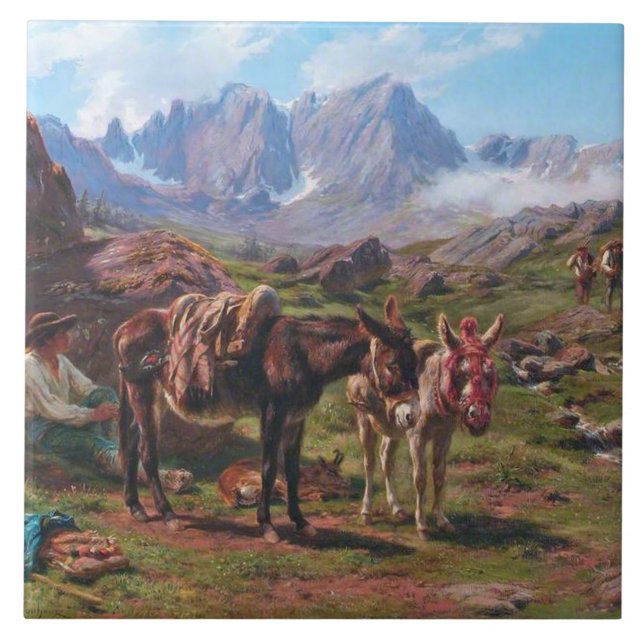 Donkeys in the Pyrenees Mountains (Rosa Bonheur) Ceramic Tile (Front)