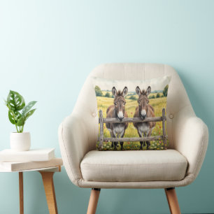 Donkeys Standing Behind a Fence In a Farm Pasture Cushion