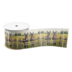 Donkeys Standing Behind a Fence In a Farm Pasture Satin Ribbon