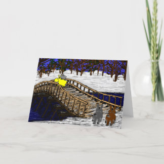donkeys walking over bridge in snow holiday card