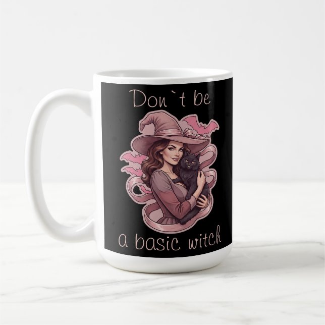 Don't Be A Basic Witch Pink Bat & Black Cat  Coffee Mug (Left)