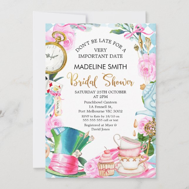 Don't be Late Alice in Wonderland Bridal Shower Invitation (Front)