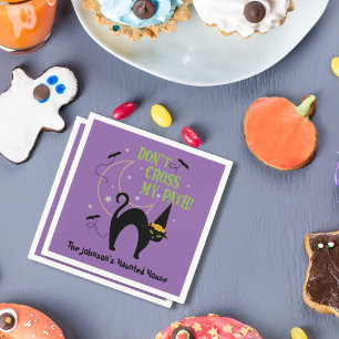 Don't Cross My Path Halloween Cat Witch Hat Purple Napkin