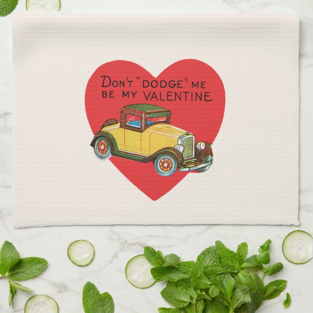 Don't Dodge Me, Be My Valentine! Retro Valentine Tea Towel (Folded)