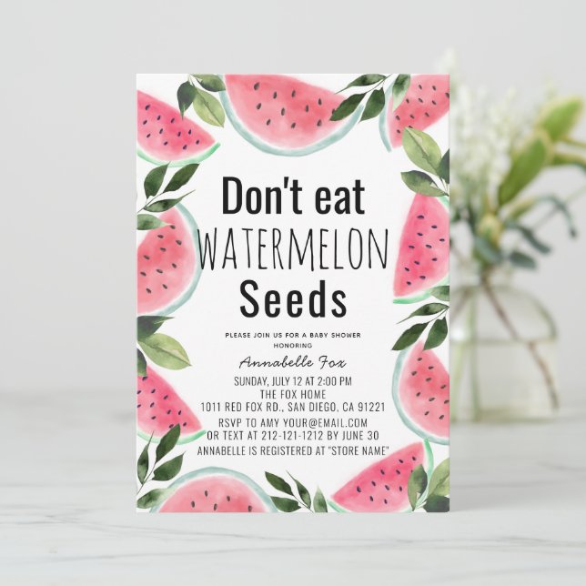 Don't Eat Watermelon Seeds Watercolor Baby Shower Invitation (Standing Front)