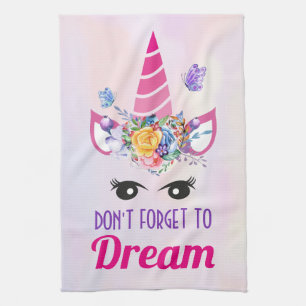 Don't Forget to Dream Cute Pink Unicorn Tea Towel