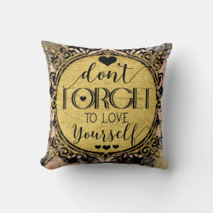 Don't Forget to Love Yourself Black Marble Swirl Cushion