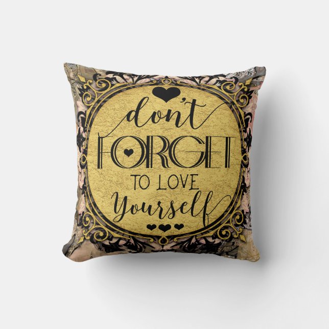 Don't Forget to Love Yourself Black Marble Swirl Cushion (Front)