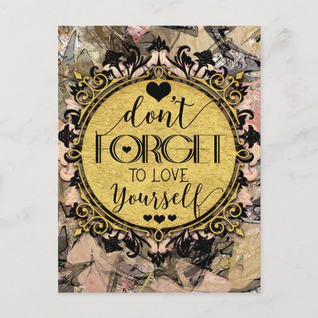 Don't Forget to Love Yourself Black Marble Swirl Postcard (Front)