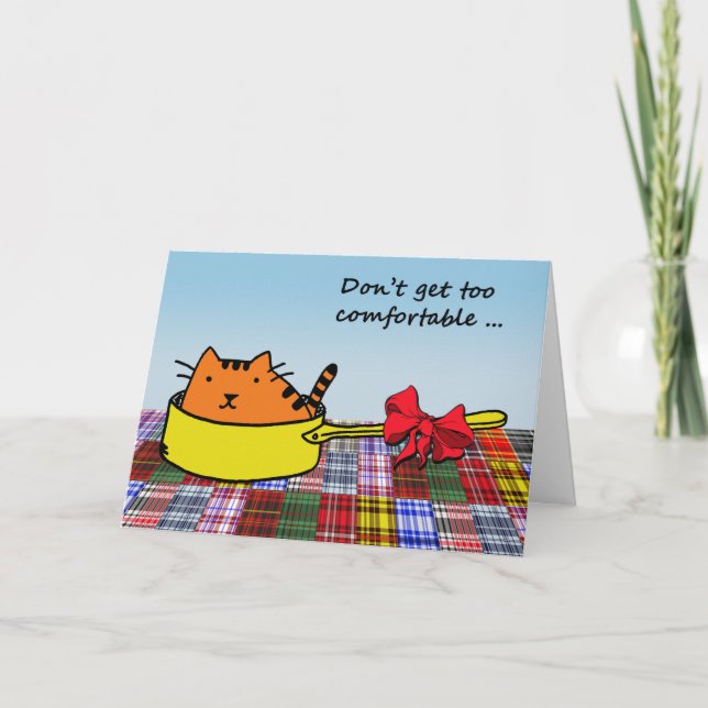 Don't Get too Comfortable, Old Cat in Pan with Bow Card (Front)