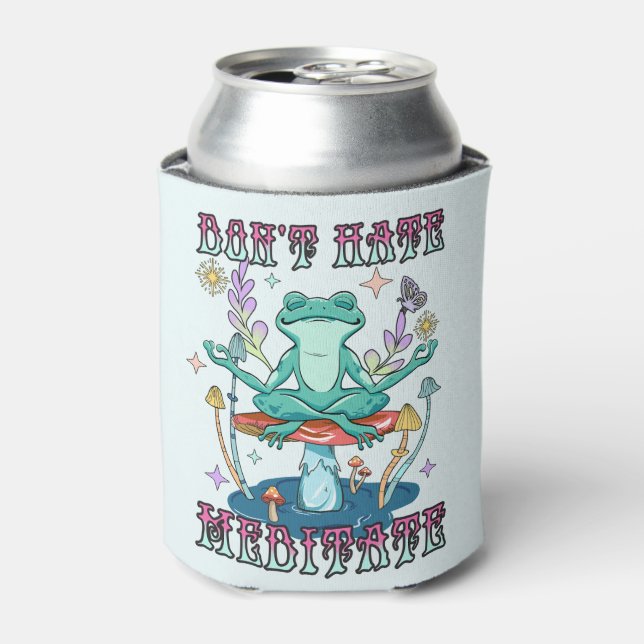 "Don't Hate, Meditate" | Peaceful Frog & Floral Can Cooler (Can Front)