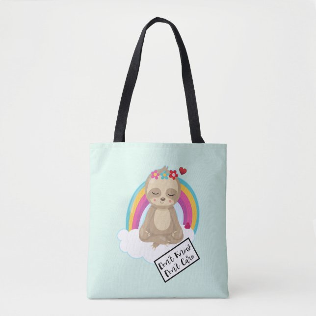 Don't Know Don't Care Text - Cute Meditating Sloth Tote Bag (Front)