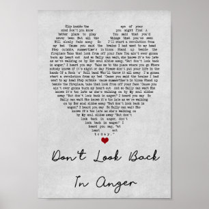 Don't Look Back In Anger Grey Heart Song Lyric Poster