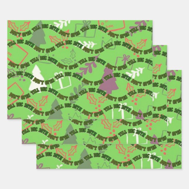 Don't Open Till December 25th Green Christmas  Wrapping Paper Sheet (Set)