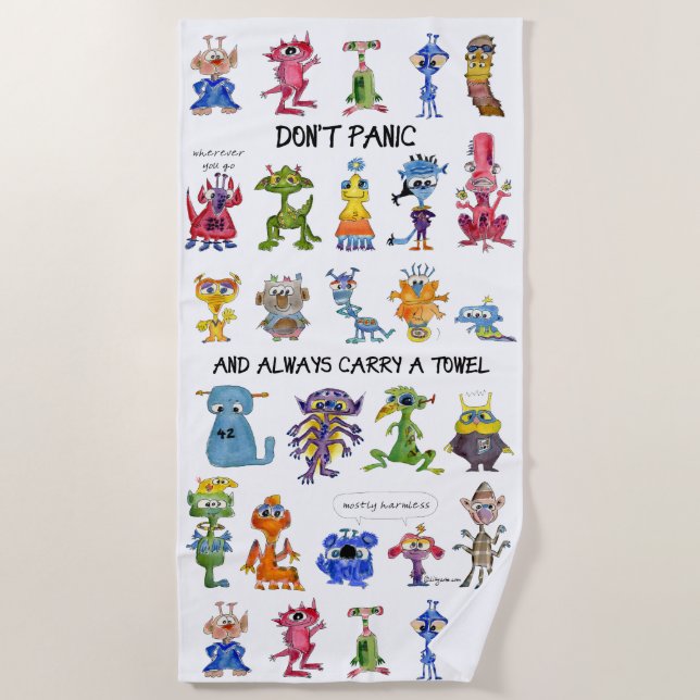 Don't Panic Alien Cartoon Monsters Beach Towel (Front)
