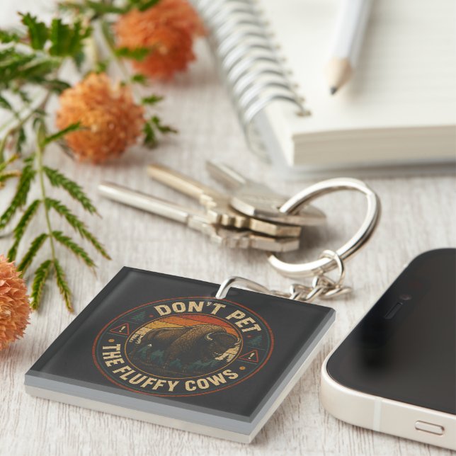 Don't Pet the Fluffy Cows Bison Badge Key Ring (Front Right)