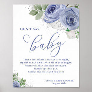 Don't Say Baby Blue Silver Floral Baby Shower Game Poster