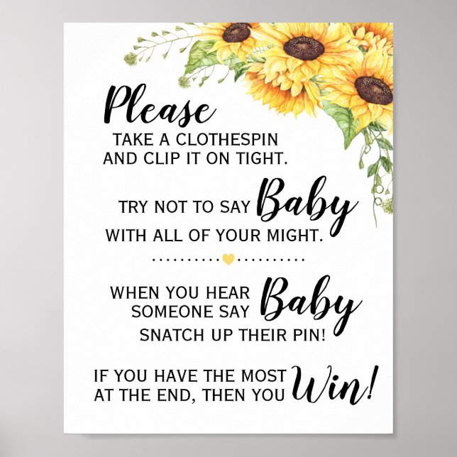 Dont say baby game baby shower sunflowers sign (Front)
