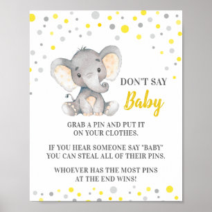 Don't Say Baby Game Yellow Elephant Baby Shower Poster