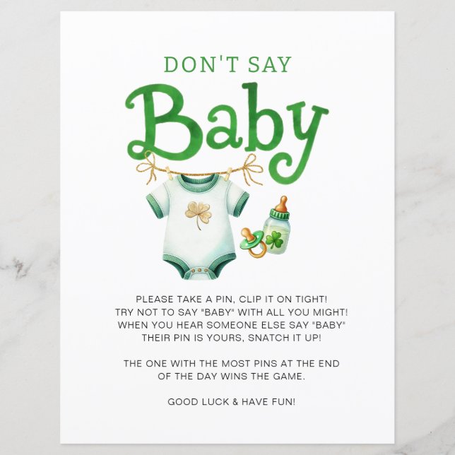 Don't Say Baby Irish Baby Shower Game Sign (Front)