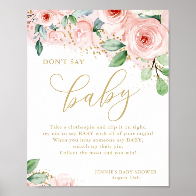 Don't Say Baby Pink & Gold Floral Baby Shower Game Poster (Front)