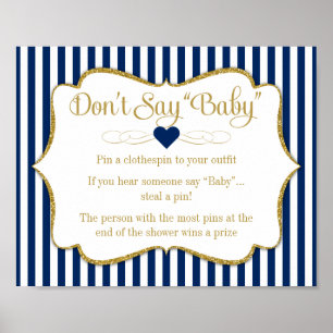 Don't Say Baby Shower Game Navy Blue Gold Baby Boy Poster