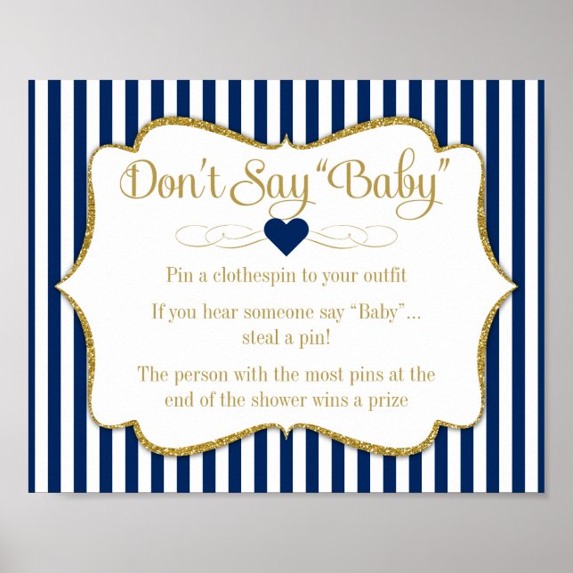 Don't Say Baby Shower Game Navy Blue Gold Baby Boy Poster (Front)