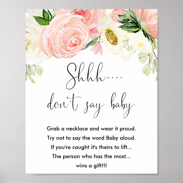 Don't say baby shower game sign pink gold floral (Front)