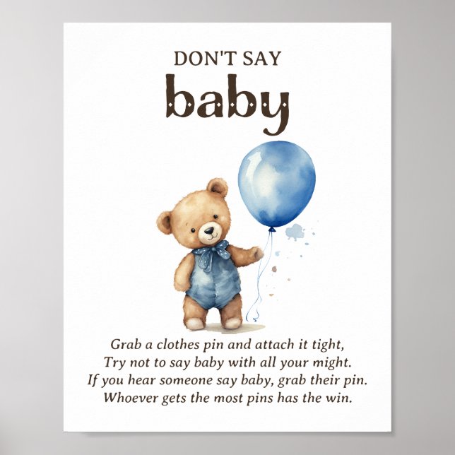 Don't Say Baby Teddy Bear Baby Boy Shower Game Poster (Front)
