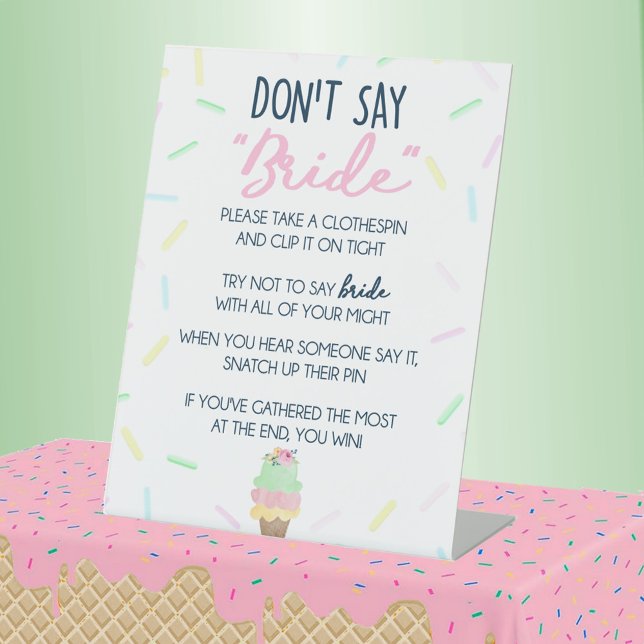 Don't Say Bride Ice Cream Bridal Shower Party Game Pedestal Sign (Don't Say Bride Watercolor Ice Cream Bridal Shower Pedestal Table Sign)