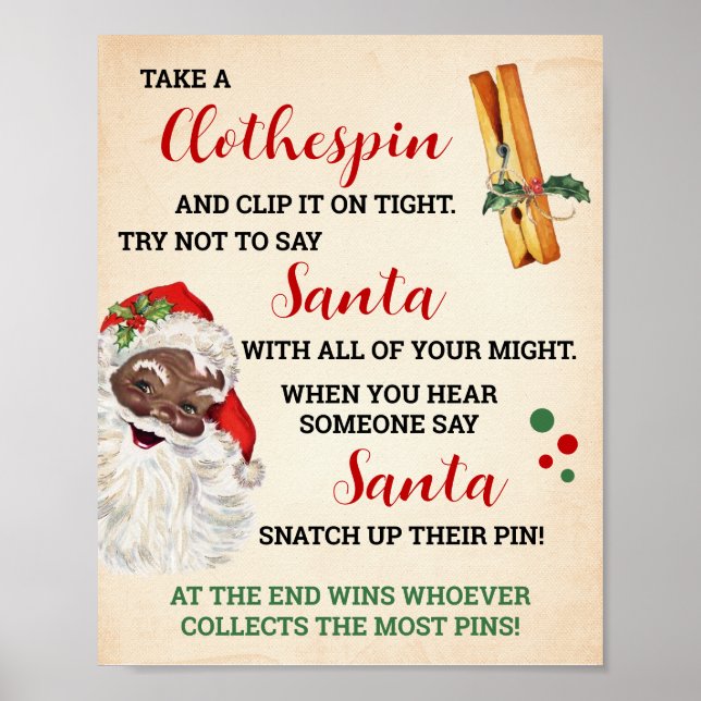 Don't Say Santa Christmas Clothespin Game Sign (Front)